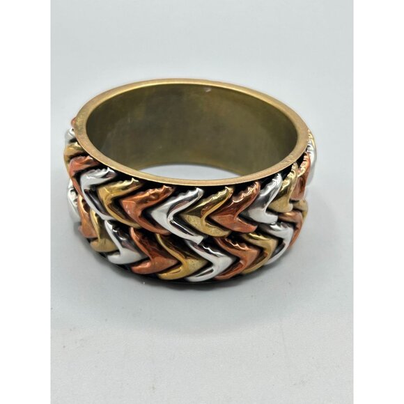 Mixed Metal Brass Copper Silver Tone Chevron Design Chunky Wide Bangle Bracelet - Picture 3 of 11